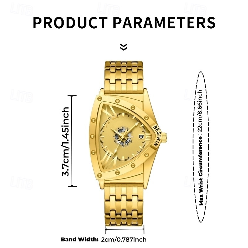 Luxe driehoekig herenhorloge van goudkleurig roestvrij staal met unieke schildvorm en creatief skeletontwerp, met datumaanduiding, modieus punk zakelijk horloge, ideaal cadeau voor mannen. 2026 - $35.99 –P7