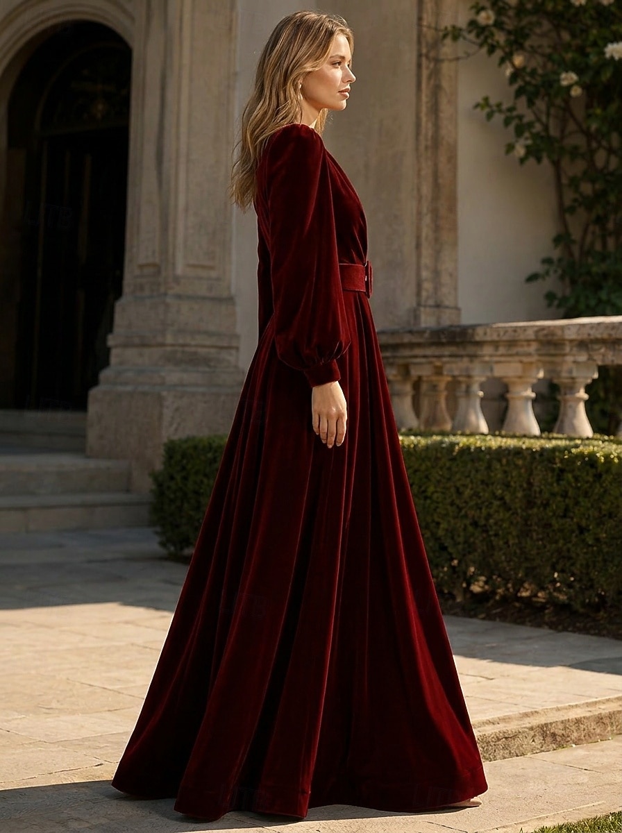 Abito da sera A-Line rosso nero blu in velluto elegante formale per matrimonio autunnale lungo fino al pavimento con maniche lunghe scollo a V tasca con spacco tasca del 2026 a $195.99 –P3