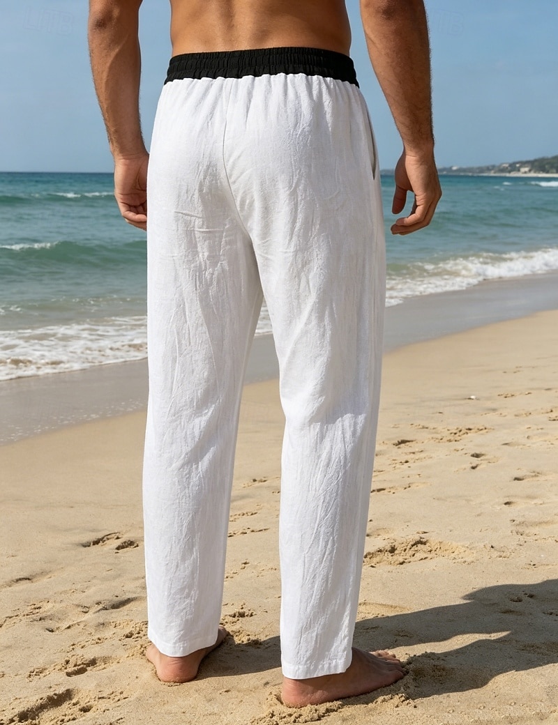 Men's Linen Pants Trousers Summer Pants Beach Pants Drawstring Pocket Elastic Waist Color Block Comfort Breathable Knee Length Daily Outdoor Beach Vacation Fashion Black White Inelastic 2026 - $26.99 –P8