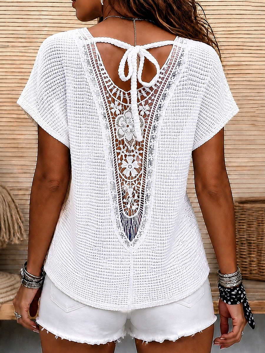 Per donna Camicia Blusa con texture Top traforato Top con cuciture in pizzo Jacquard Pizzo Patchwork Elegante Bohemien Vintage Manica Corta Girocollo Top Regolari Casuale Nero Bianco Verde Beige Rosa del 2026 a $24.99 –P2