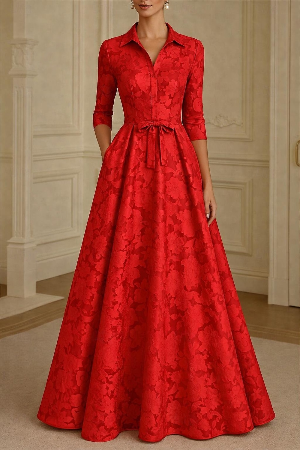 Corte A Hasta el Suelo Vestido de Camisa Vestido formal Vestido de noche Vestido de Madrina Manga Larga Cuello Camisero Elegante Vintage Formal Satén Jacquard con Lazo(s) Flor 2026 - $176.39 –P11