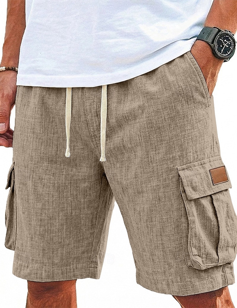 Men's Shorts Linen Shorts Summer Shorts Beach Shorts Drawstring Elastic Waist Multi Pocket Plain Comfort Breathable Knee Length Casual Daily Outdoor Vacation Fashion Blue Khaki Inelastic 2026 - $24.99 –P2
