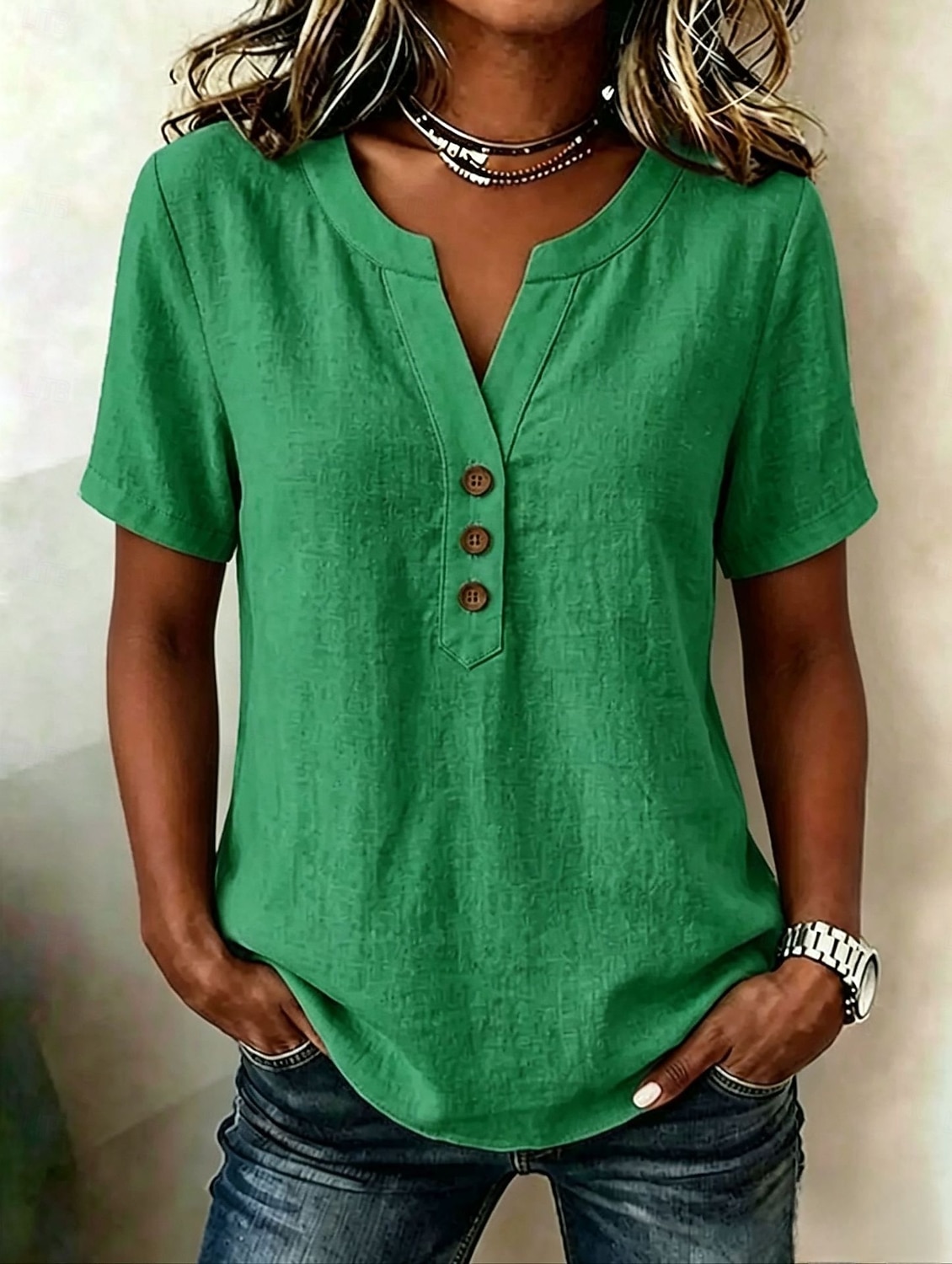 Damen Bluse Einfarbig Vintage Stilvoll Basic Kurzarm V Ausschnitt Normale Oberteile Lässig Täglich Blau Khaki Rosa Dunkelgrün Sommer Frühling 2026 - $27.99 –P4
