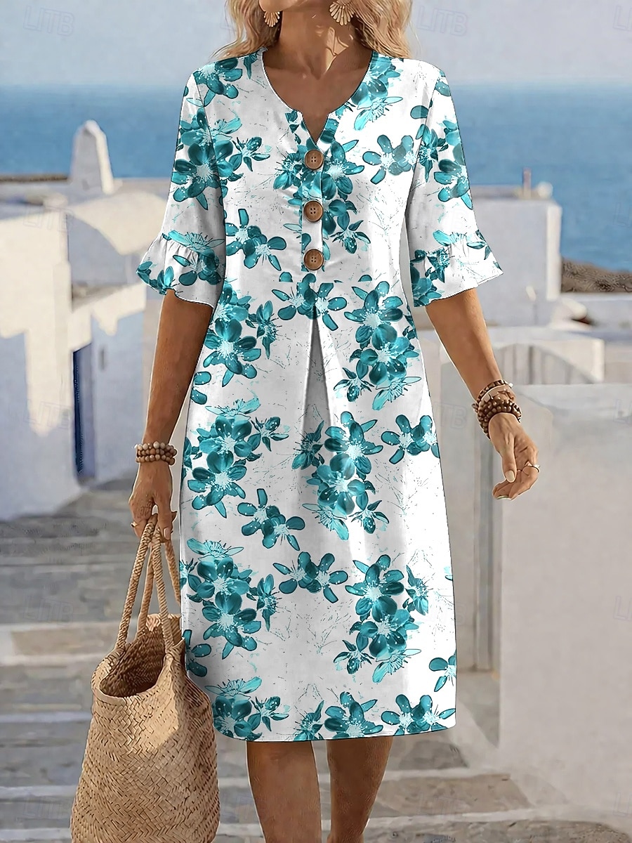 Per donna Abito al ginocchio Vestito Casual Abito a trapezio Elegante Vacanza Spiaggia Ferie Vestibilità regolare Floreale Grafico Manica Corta Scollo a V Blu Blu reale Viola Verde Estate Primavera del 2026 a $44.99 –P4