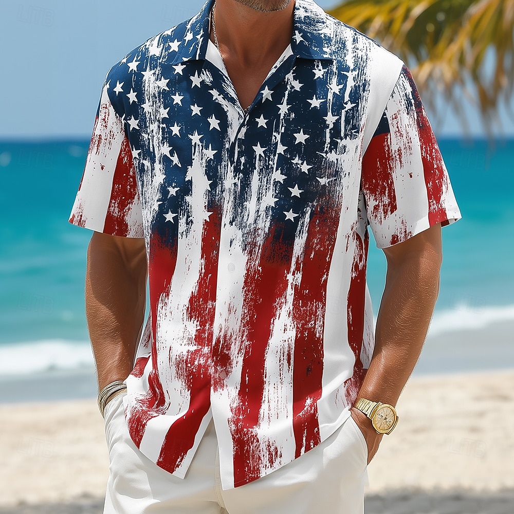 Herr 4 juli USA:s 250-årsjubileum Amerikanska flaggan Skjorta Sommarskjorta Knapp upp skjorta Kortärmad Patriotisk Utomhus Helgdag Sommar Vår Nedvikt 3D-utskrift krage skjortor Blå Rubinrött Mörkblå 2026 - $25.99 –P3