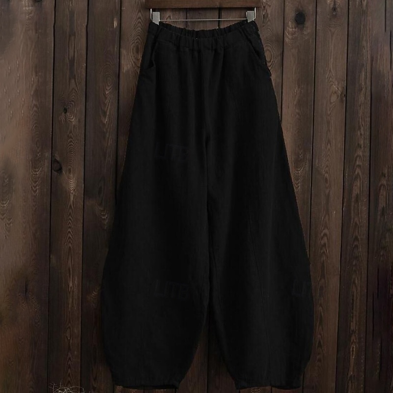 Women's Plus Size Linen-feel Pants Wide Leg Chinos Summer Pants Vacation Casual Lounge Full Length Natural Solid Color Pocket Baggy Micro-elastic Daily Vacation Holiday Black White Green Dark Blue 2026 - $23.99 –P3