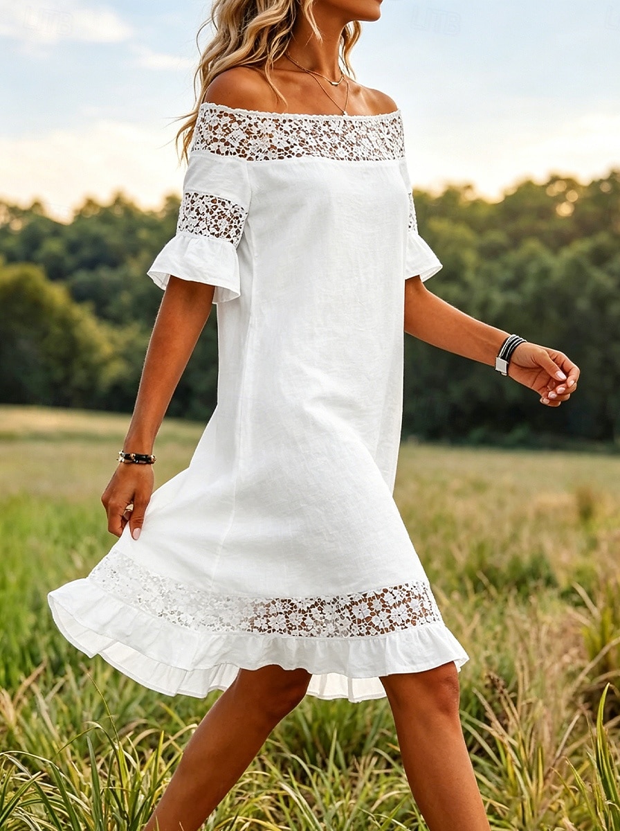Per donna Abito al ginocchio Abito in Pizzo Abito Bianco Elegante Moda Spiaggia Vacanza Ferie Vestibilità regolare Floreale Mezza Manica Senza Spalle Bianco Estate Primavera del 2026 a $22.99 –P4
