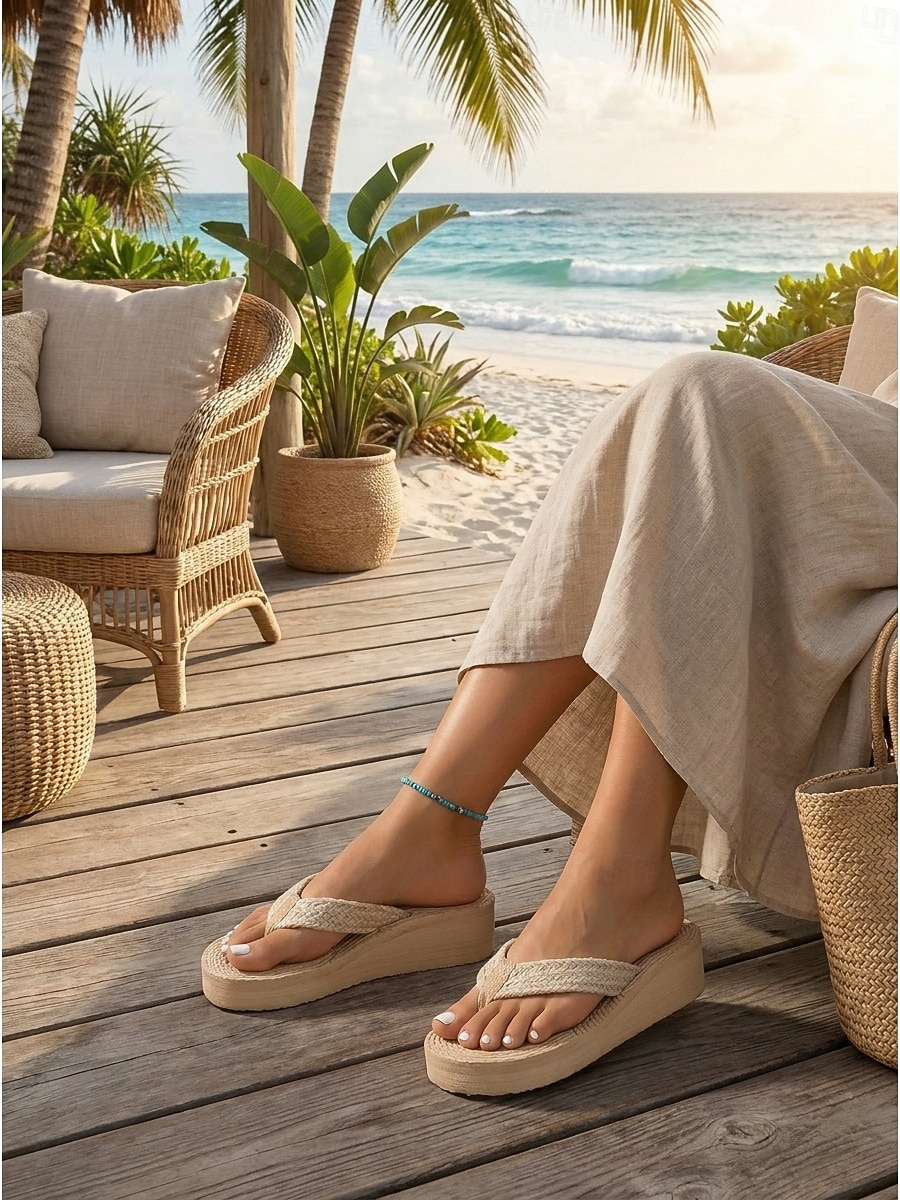 Damen-Flip-Flops aus Stroh mit Plateausohle – sommerliche Keilsandalen im Boho-Stil mit geflochtenen Riemen, ideal für Strandurlaub und Resort-Aktivitäten. &gemütliches Spazierengehen im Freien 2026 - $18.99 –P2