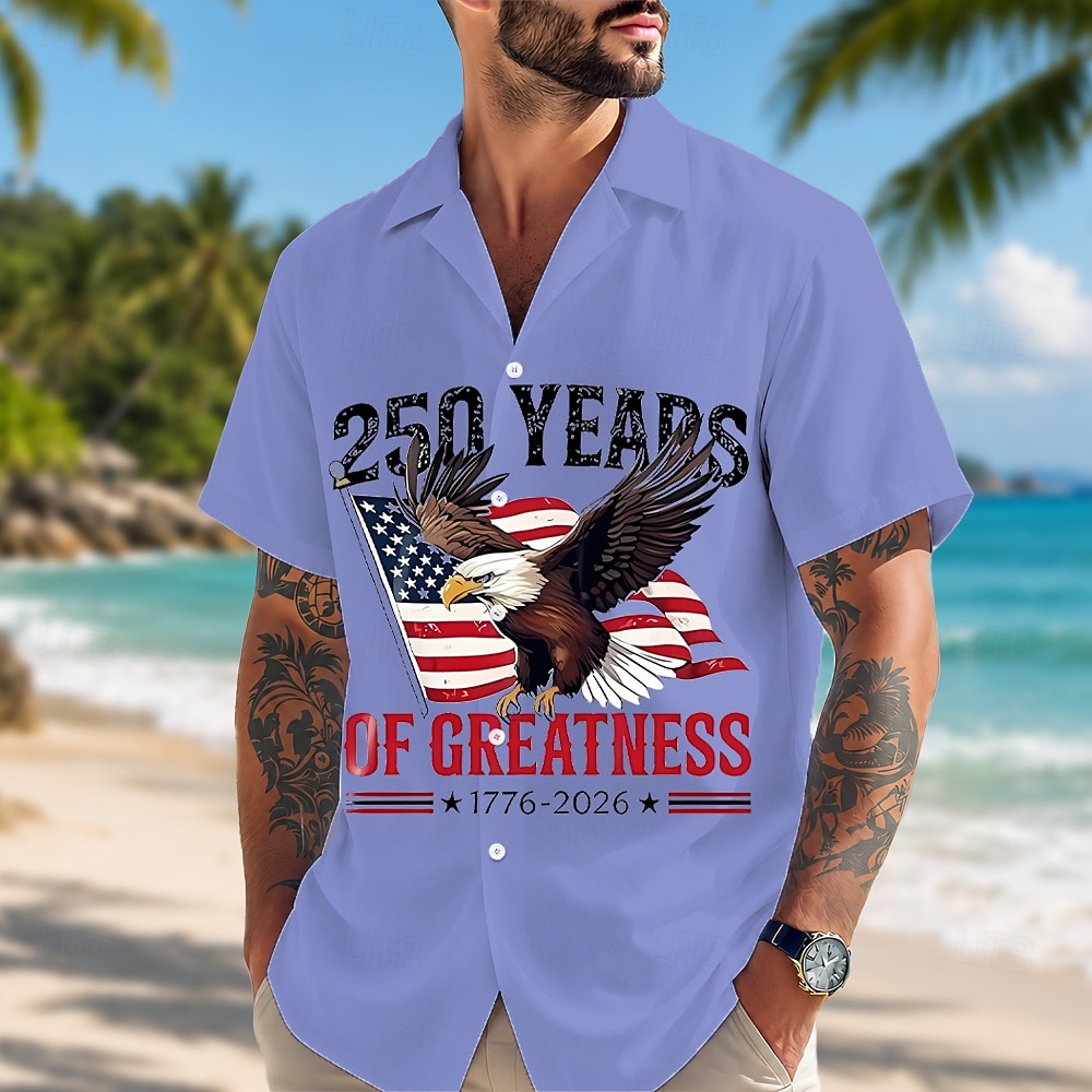 Camicia a maniche corte da uomo per il 250° anniversario con bottoni aquila patriottica bandiera americana top estivo per le vacanze del 2026 a $25.99 –P3