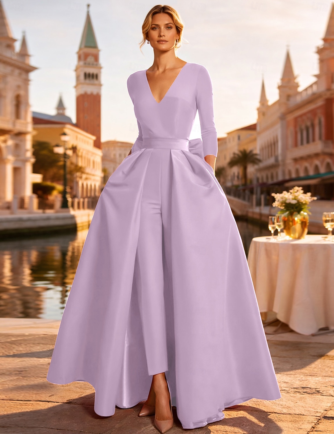 Dos Piezas Mono Hasta el Suelo Desmontable Vestidos de noche Elegante Manga Larga Escote en Pico Boda Invitado a la boda Bolsillo Tejido elástico con Mariposa 2026 - $160.99 –P9
