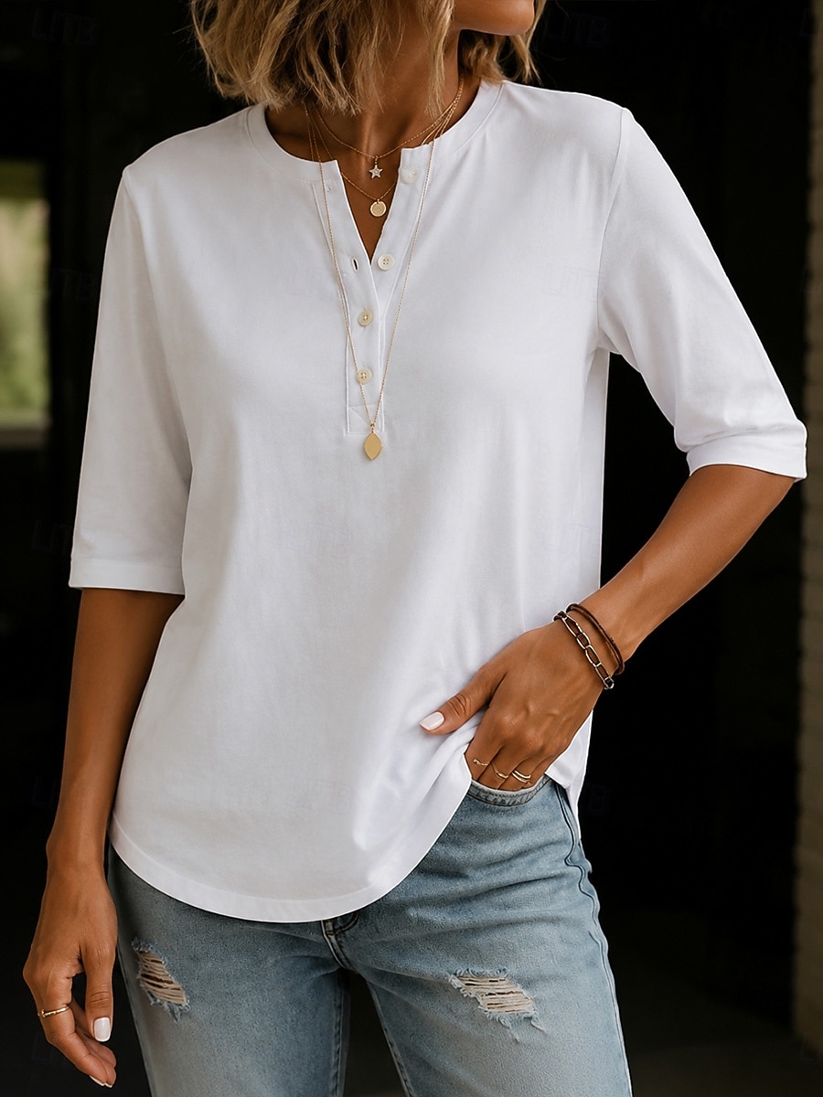 Mujer Camiseta Blusa Tee Casual Media Manga Cuello Barco Tops regulares Casual Diario Noche Blanco Verde Claro Rosa Rojo Naranja Verano Primavera 2026 - $22.99 –P4