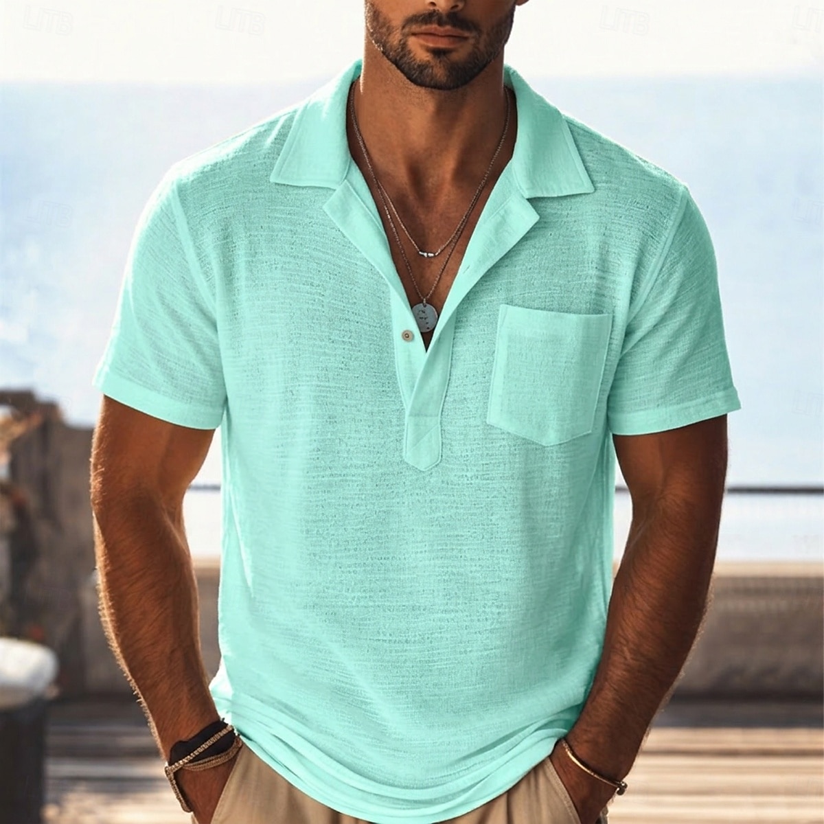 Per uomo Camicia di lino Polo Casuale Vacanza Colletto cubano Manica Corta Vacanza Moda Semplice Testurizzato Bottoni Puro Estate Primavera Vestibilità regolare Blu Nero Bianco Verde chiaro Verde del 2026 a $24.99 –P6