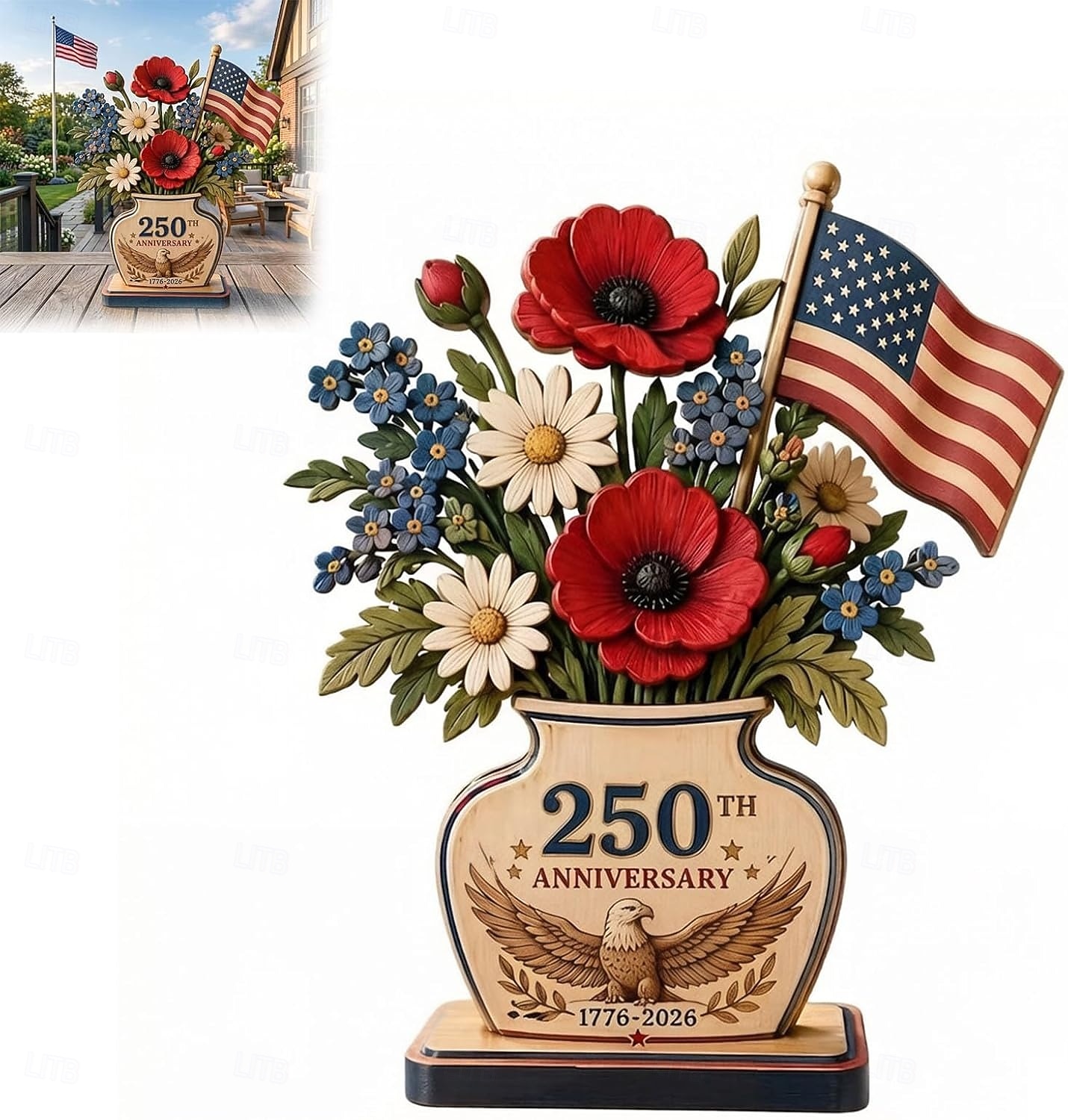 250. évfordulós hazafias virágmintás fa tömb asztaldísz, kézzel készített hazafias fa díszek, amerikai zászlós sas virágmintás asztaldísz, július 4-i asztaldekoráció 2026 - $25.99 –P1