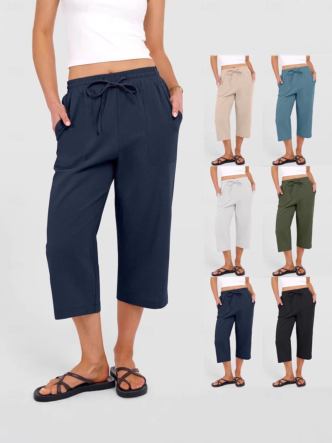 Femmes Coton Pantalon capri Pantalons à jambes droites Mode Streetwear Occasionnel Longueur mollet Taille haute Uni Avec Poches Ceinture Élastique Confortable Doux Élastique Extérieur Vacances Rue de 2026 ? $24.99 –P1