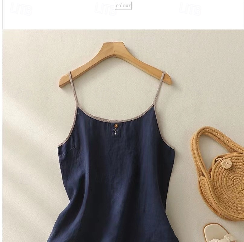 Women's Shirt Blouse Embroidered Solid Color Plain Vintage Sleeveless Scoop Neck Crop Tops Coffee brown Hemp natural color Navy Blue Apricot Summer Spring 2026 - $12.99 –P3