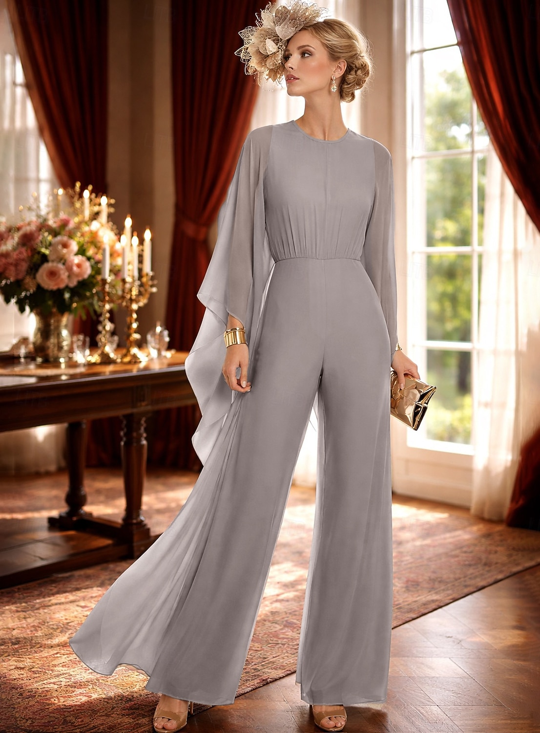Jumpsuit Pantsuit Floor Length Mother of the Bride Dress 3/4 Length Sleeve Crew Neck Elegant Simple Minimalist Formal Wedding Guest Chiffon with Ruched 2026 - $183.99 –P7
