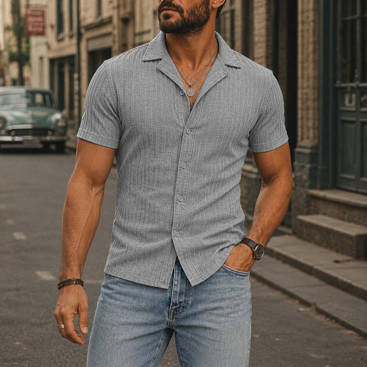 Men Shirt Casual Shirt Button Up Shirt Jacquard Shirt Black White Burgundy Navy Blue Apricot Short Sleeve Plain Cuban Collar Casual Daily Front Pocket Clothing Apparel Elegant Fashion Casual 2026 - $22.99 –P1