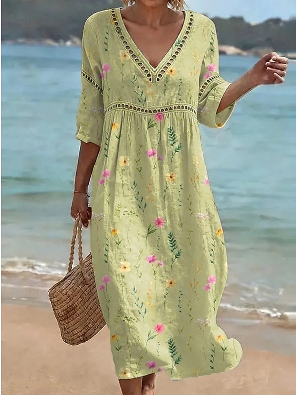 Mujer Vestido Midi Vestido de cambio Vestido de verano Vacaciones Fiesta Casual Oficina Playa Fiesta Holgado Floral Graphic Manga 3/4 Escote en Pico Amarillo Claro Blanco Verde Claro Gris Oscuro 2026 - $17.99 –P4