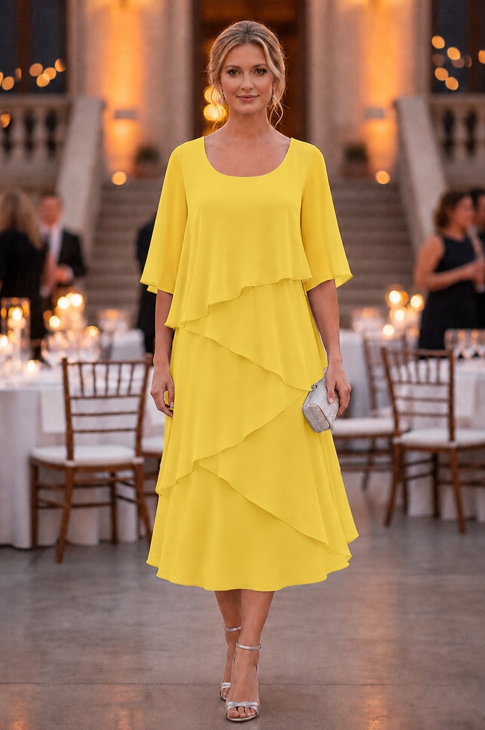 abito a tubino a colonna lunghezza tè abito da festa abito da cocktail abito da invitata a nozze abito da madre della sposa mezza manica scollo a U elegante formale chiffon con volant del 2026 a $137.99 –P8