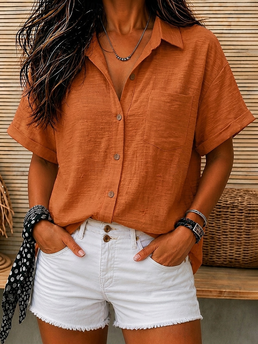 Mujer 100% Algodón Textura Bolsillo Color sólido Plano Vintage Manga Corta Tops regulares Casual Blanco Naranja Azul claro Verano 2026 - $33.99 –P3
