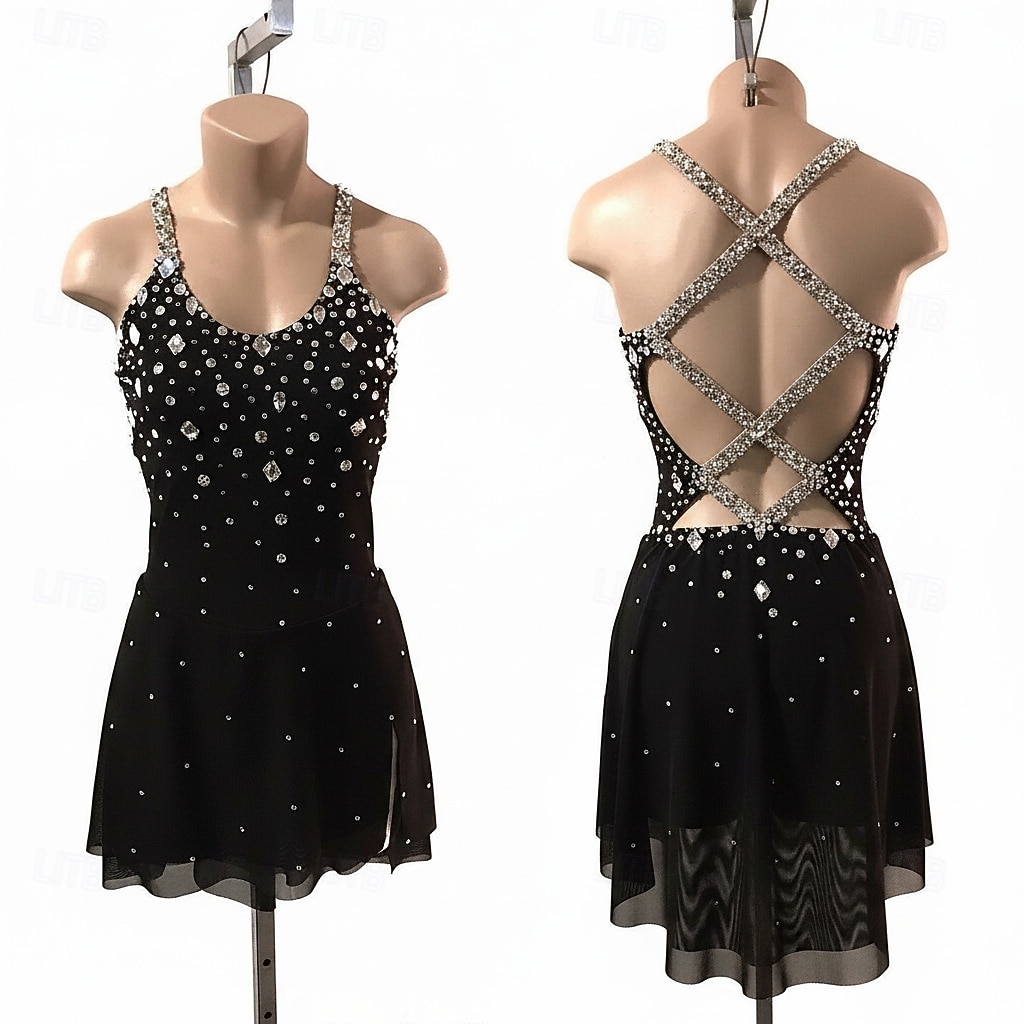 Figure Skating Dress Women's Ice Skating Dress Black Patchwork Open Back Stretchy Training Competition Skating Wear Classic Crystal / Rhinestone Sleeveless Ice Skating Figure Skating 2026 - $226.39 –P1