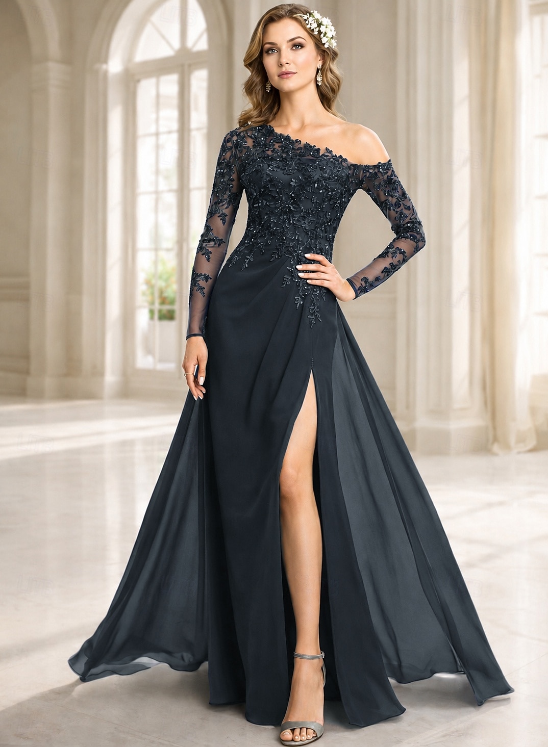Funda Columna Vestidos Hasta el Suelo Vestido Invitada Boda Vestido formal Vestido de noche Vestido de Madrina Manga Larga Un Hombro Elegante Formal Gasa con Encaje Un Color 2026 - $212.79 –P7
