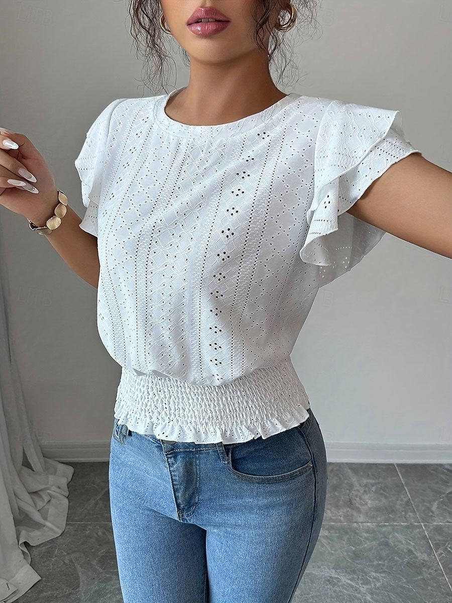 Per donna Camicia traforata Top traforato Camicia con volant Traforato Tinta unica Vintage Elegante Senza Maniche Top Regolari Casuale Bianco Rosa Azzurro Estate Primavera del 2026 a $18.49 –P4