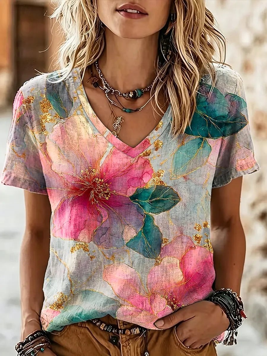 Women's T Shirt Print Floral Graphic Stylish Classic Casual Short Sleeve V Neck Regular Tops Casual Daily Blue Pink Orange Summer Spring 2026 - $21.99 –P2