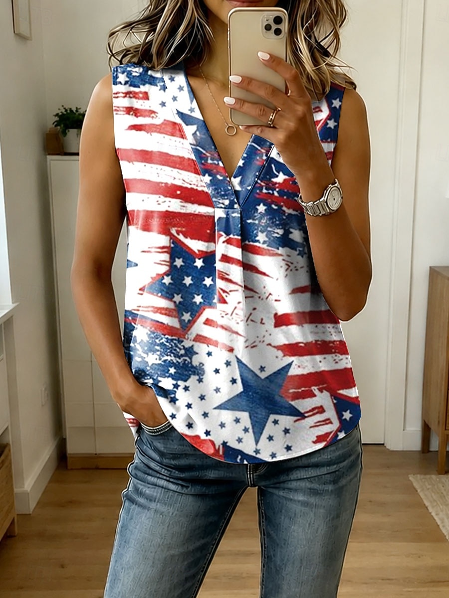 American Independence Day Women's Tank Top Graphic Star Abstract Elegant Vintage Stylish Sleeveless V Neck Regular Tops Casual Daily Weekend Blue White Red Summer Spring 2026 - $22.99 –P1
