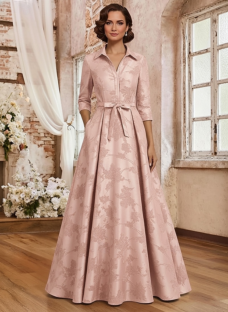 Ligne A Longueur au sol Robe de Cérémonie Robe de soirée Robe de Mère de Mariée  Manche 3/4 Col de chemise Élégant ancien Formel robe demoiselle d honneur Soirée Formelle Satin Jacquard avec Noeud(s de 2026 ? $194.99 –P6