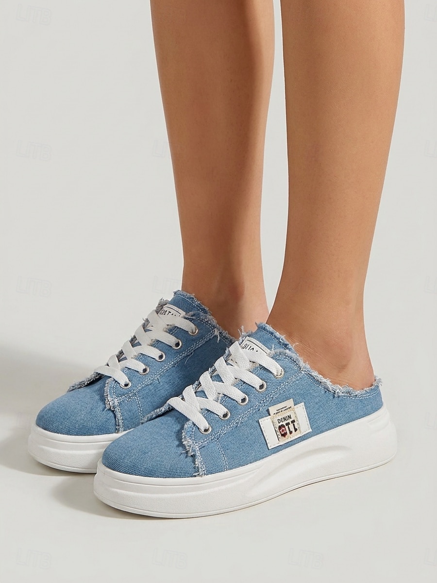 Mules compensées en denim bleu pour femme - chaussures à lacets à bords effilochés et semelle blanche, confortables et décontractées, idéales pour les voyages d'été et la marche. &vêtements de tous de 2026 ? $32.99 –P2