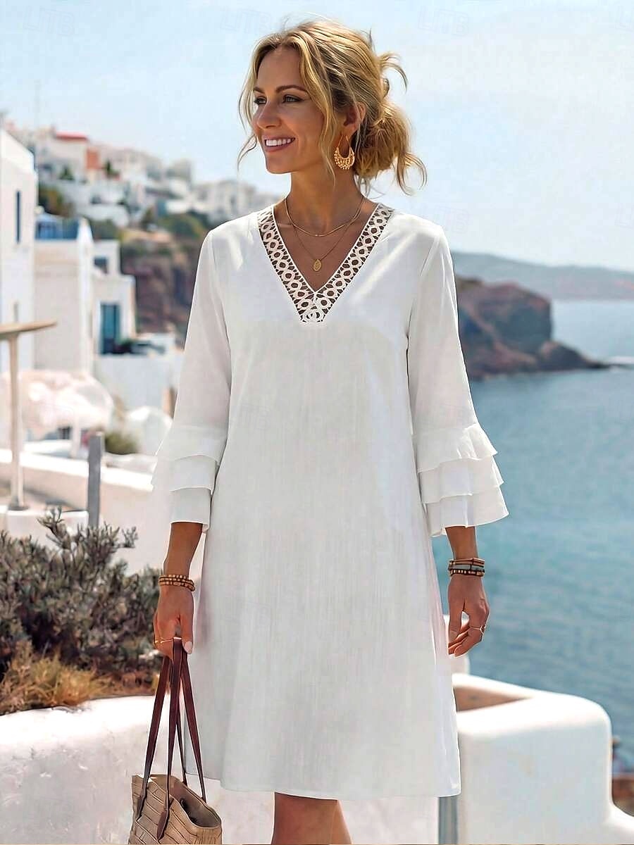 Women's Knee Length Dress Sundress Casual Dress Vacation Casual Boho Beach Party Date Regular Fit Plain 3/4 Length Sleeve V Neck White Summer Spring 2026