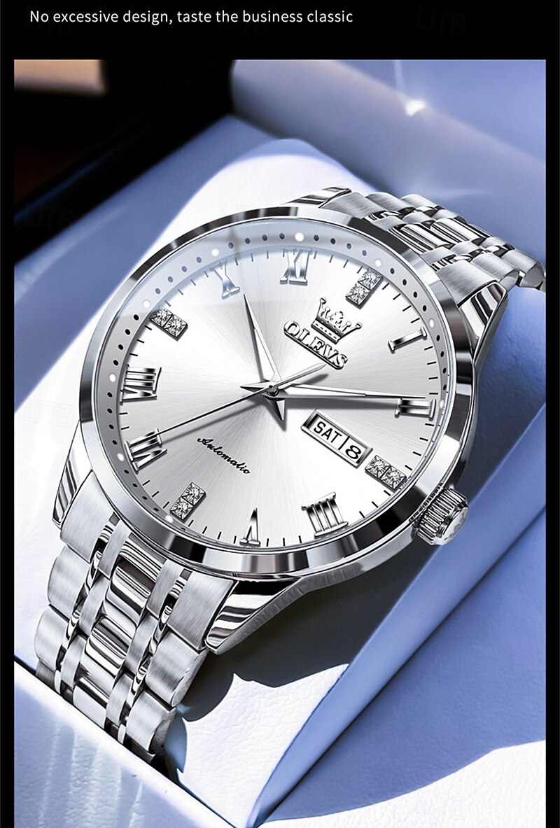 OLEVS Men's Automatic Mechanical Watch, Luxury Stainless Steel Business Dress Watch for Men, Self Winding Wristwatch with Day Date, Waterproof Luminous Diamond Roman Numerals Black Dial Gift Box 2026 - $81.99 –P8