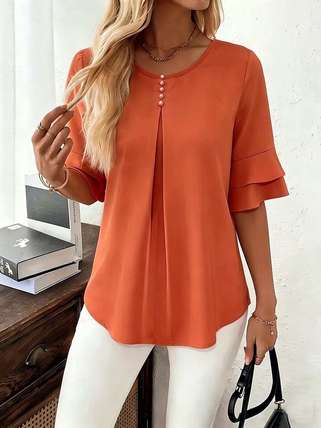 Per donna Camicia Blusa Tinta unica Elegante Vacanza Manica Corta Manicotto a foglia di loto Girocollo Top Regolari Casuale Quotidiano Blu chiaro Rosso-arancio Verde chiaro Rosa Viola chiaro Estate del 2026 a $27.99 –P3