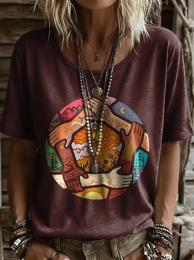 Amerikanischer Unabhängigkeitstag Damen T Shirt Druck Grafik Pflanzen Vintage Stilvoll Klassisch Kurzarm Rundhalsausschnitt Normale Oberteile Lässig Täglich Blau Braun Grün Sommer Frühling PEACE 2026 - $21.99 –P4