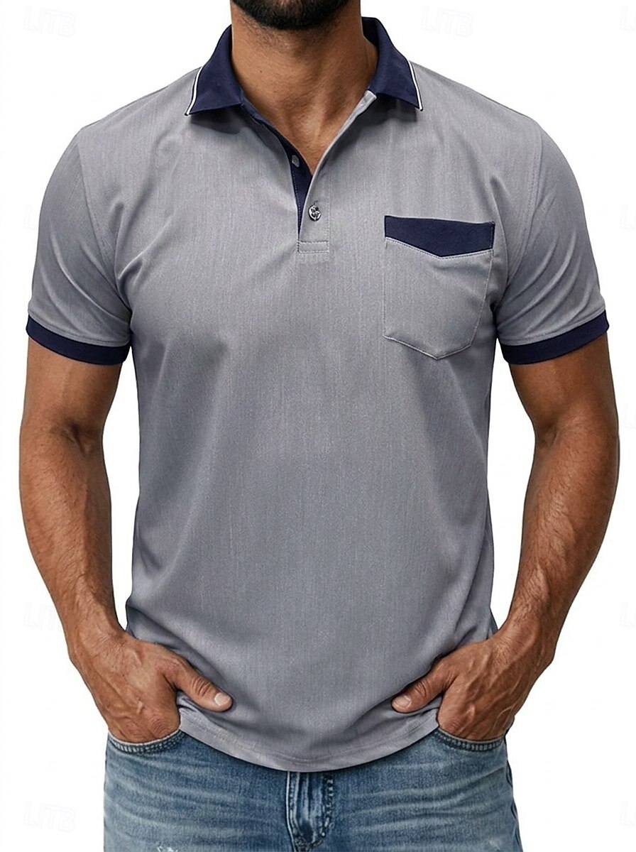 Bărbați Tricouri polo Camasa de blugi Casual Stradă Rever Guler polo cu nervuri Manșon scurt De Bază Modern Simplu Buzunar Bloc de Culoare Vară Primăvară Fit regulat Albastru piscină Negru 2026 - $29.99 –P6