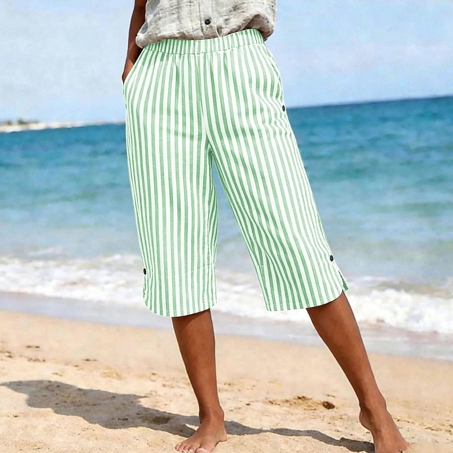 Per donna Pantaloni capri Vacanza Essenziale Lunghezza al polpaccio Vita Alta Grafico A righe A strisce Confortevole Traspirante Inelastico Vacanza Formale Abbigliamento quotidiano Blu Nero Rosa Verde del 2026 a $32.99 –P6