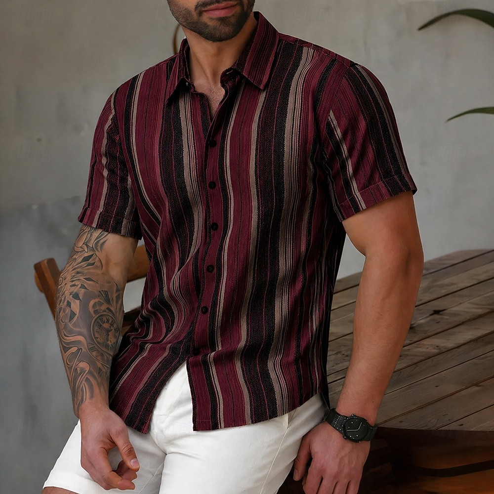 Voor heren Geometrisch Gestreept Overhemd Overhemd met knopen Casual overhemd Korte mouw Mode-casual Dagelijks Buiten Strandvakantie Zomer Lente Strijkijzer 3D-afdrukken Linnenachtig shirt blauw Rood 2026 - $25.99 –P2