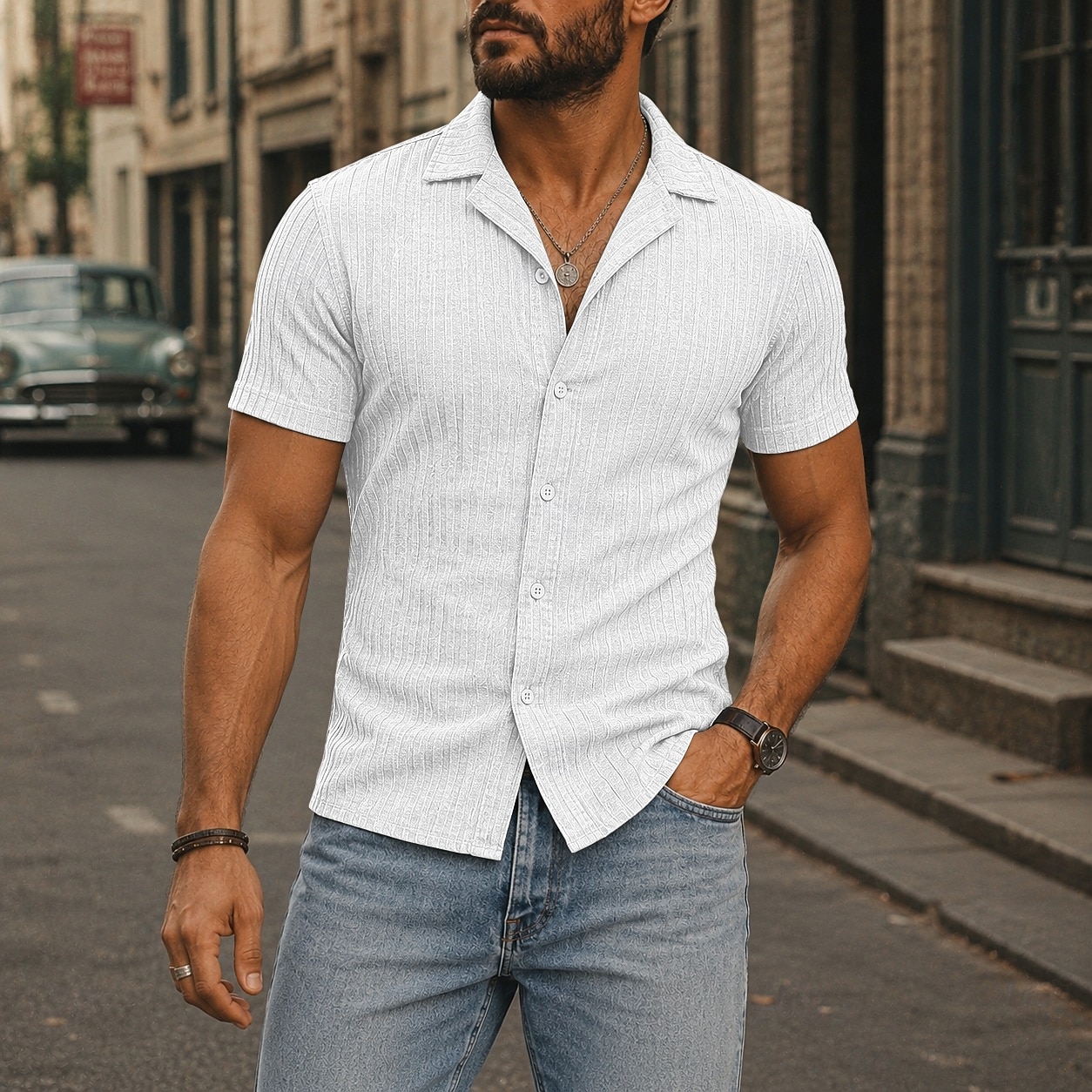 Men Shirt Casual Shirt Button Up Shirt Jacquard Shirt Black White Burgundy Navy Blue Apricot Short Sleeve Plain Cuban Collar Casual Daily Front Pocket Clothing Apparel Elegant Fashion Casual 2026 - $22.99 –P8