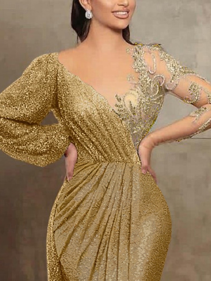 Sirena Tromba Strascico da Corte Abito da Sera Abito da ballo con sopragonna Abito formale Elegante Manica Lunga Scollo Illusione Formale Con Paillettes con Pieghe Paillettes del 2026 a $206.99 –P5