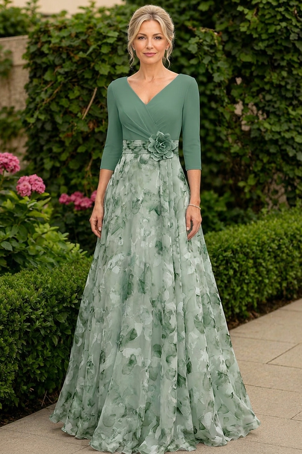 Krój A Sukienki Sięgająca podłoża Sukienka dla gościa weselnego Suknia wieczorowa Sukienka dla matki panny młodej Rękaw 3/4 W serek Elegancja Prosty Udekorowany Formalny Gość weselny Święto Szyfon 2026 - $205.89 –P4