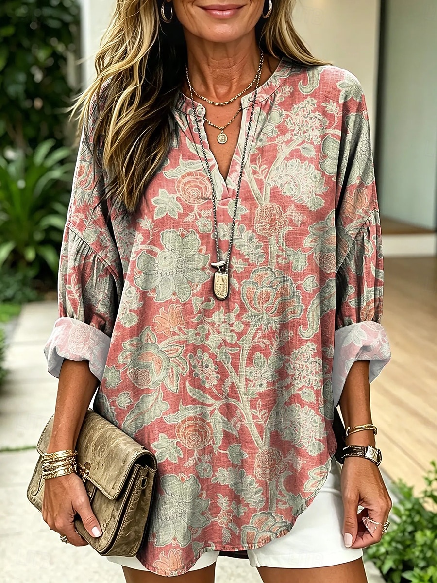 Mujer Blusa Estampado Floral Graphic Vintage Diario Elegante Manga Larga Escote en Pico Tops regulares Casual Diario Rojo Morado Verano Primavera 2026 - $31.99 –P2