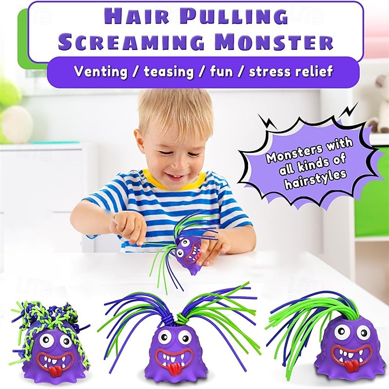 Conjunto de 2 monstros gritando com som, brinquedos sensoriais divertidos para puxar o cabelo, ideais para crianças e adultos, jogo interativo em família, monstro roxo para aliviar o estresse, de 2026 por $9.99 –P3
