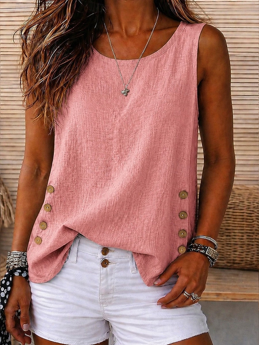 Mulheres Malha Íntima Botões Tecido Moda à moda Clássico Sem Manga Gola Redonda Tops longos Casual Diário Para Noite Branco Amarelo Rosa Castanho Claro Verde Verão Primavera de 2026 por $21.99 –P5
