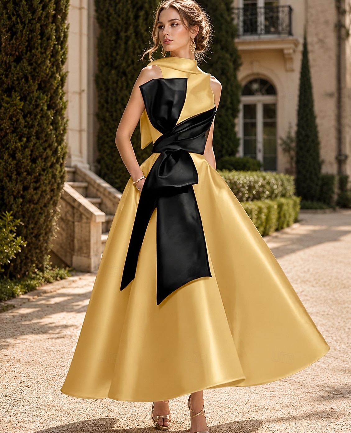 Linha A Longuette Vestidos de cocktail Vestidos de festa Elegante Sedoso Sem Manga Gola Redonda Casamento Formal Bolsos Cetim com Laço(s) Miçangas de 2026 por $149.99 –P1