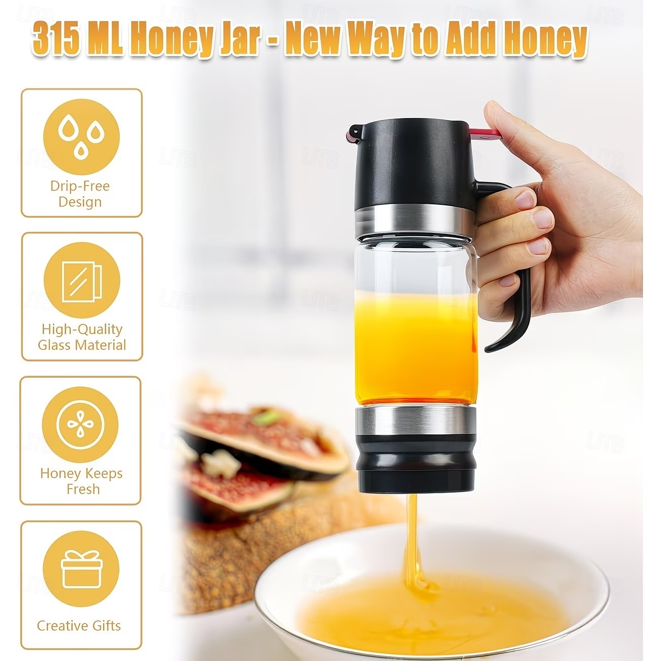 skleněný dávkovač medu se základnou &rukojeť, sklenice na sirup/med bez kapání, skleněná konvice o objemu 355 ml vhodná na kávu, čaj, pro, nádoba na med bez rozlití pro stolní nebo komerční použití 2026 - $32.99 –P4