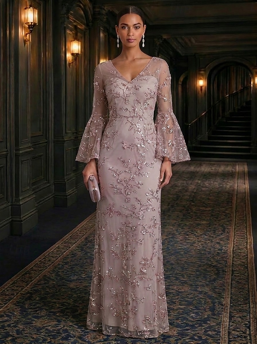 a line semi formal dress with sleeves A-Line Floor Length Cocktail Dress Mother of the Bride Dress Long Sleeve V Neck Satin
