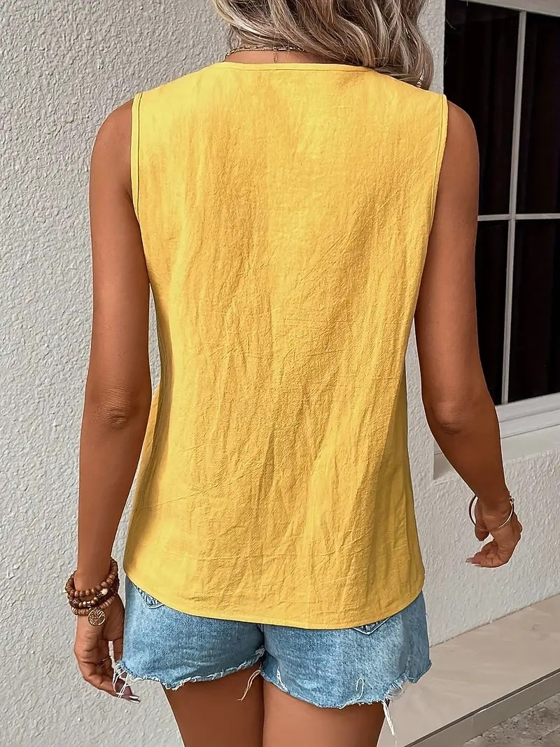 Mujer Blusa Ribete de encaje Plano Vintage Elegante Casual Sin Mangas Escote en Pico Tops regulares Casual Diario Amarillo Verano Primavera 2026 - $21.99 –P4
