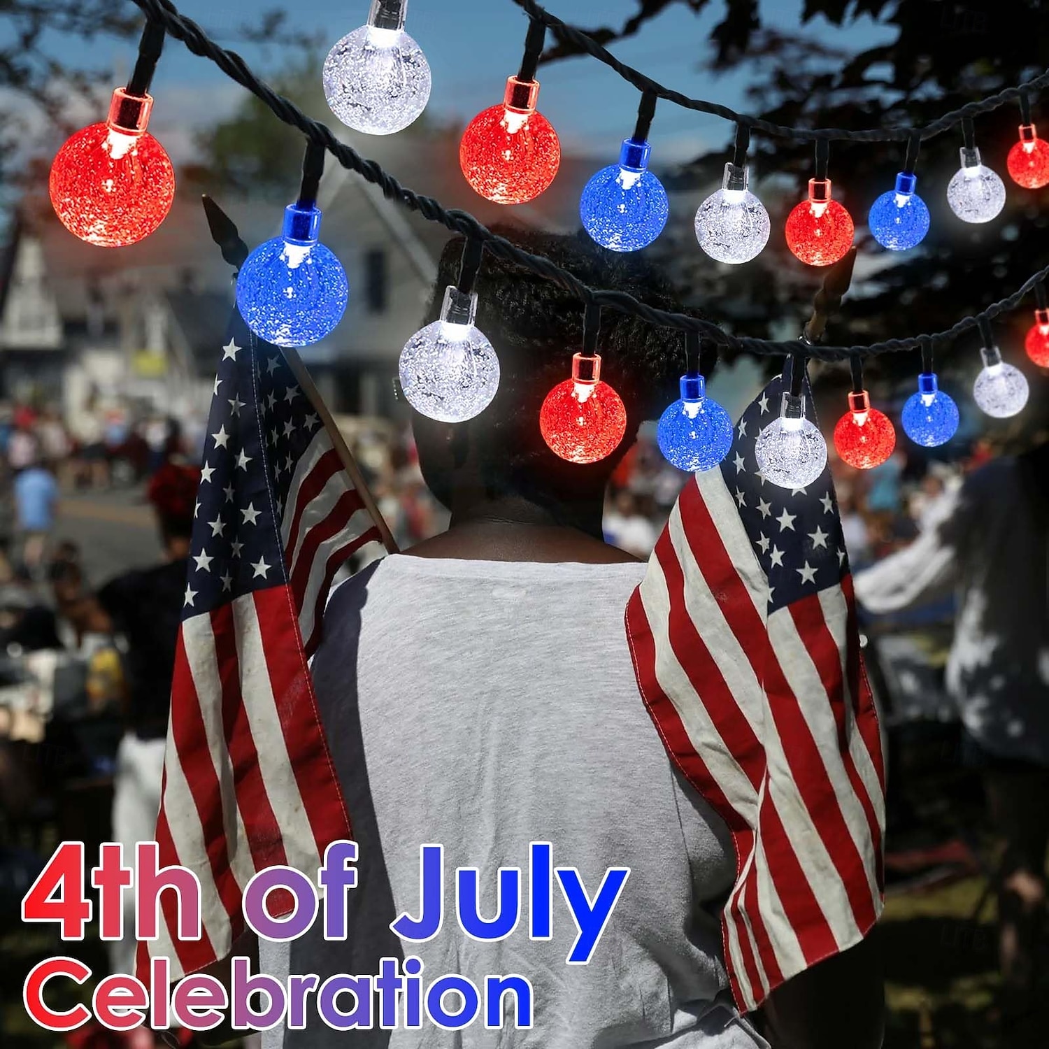 250e verjaardag van de VS, 4 juli, zonne-energie &USB oplaadbare lichtslinger, 12 meter, 100 rode, witte en blauwe bolvormige waterdichte LED-lampjes voor binnen, terras, tuin en feestjes. 2026 - $35.99 –P1