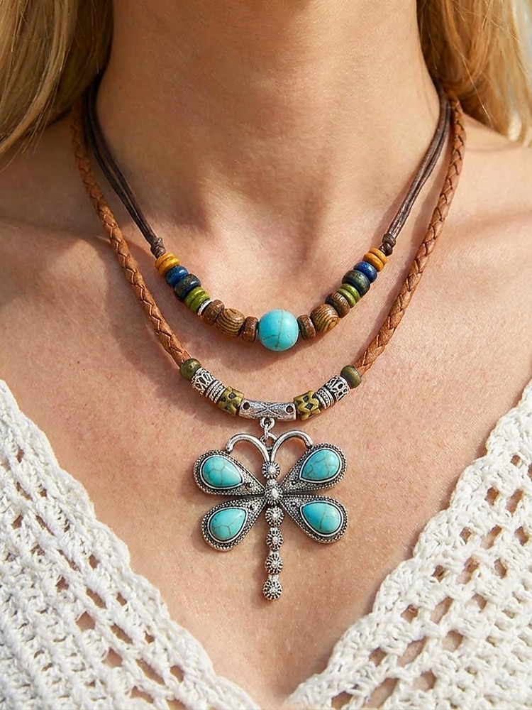 Damski naszyjnik w stylu boho z wisiorkiem w kształcie ważki, dwuwarstwowy choker ze skóry ze stopu metali, z turkusowymi koralikami, idealny na wakacje na plaży, letnie podróże i codzienne, codzienne 2026 - $11.99 –P3